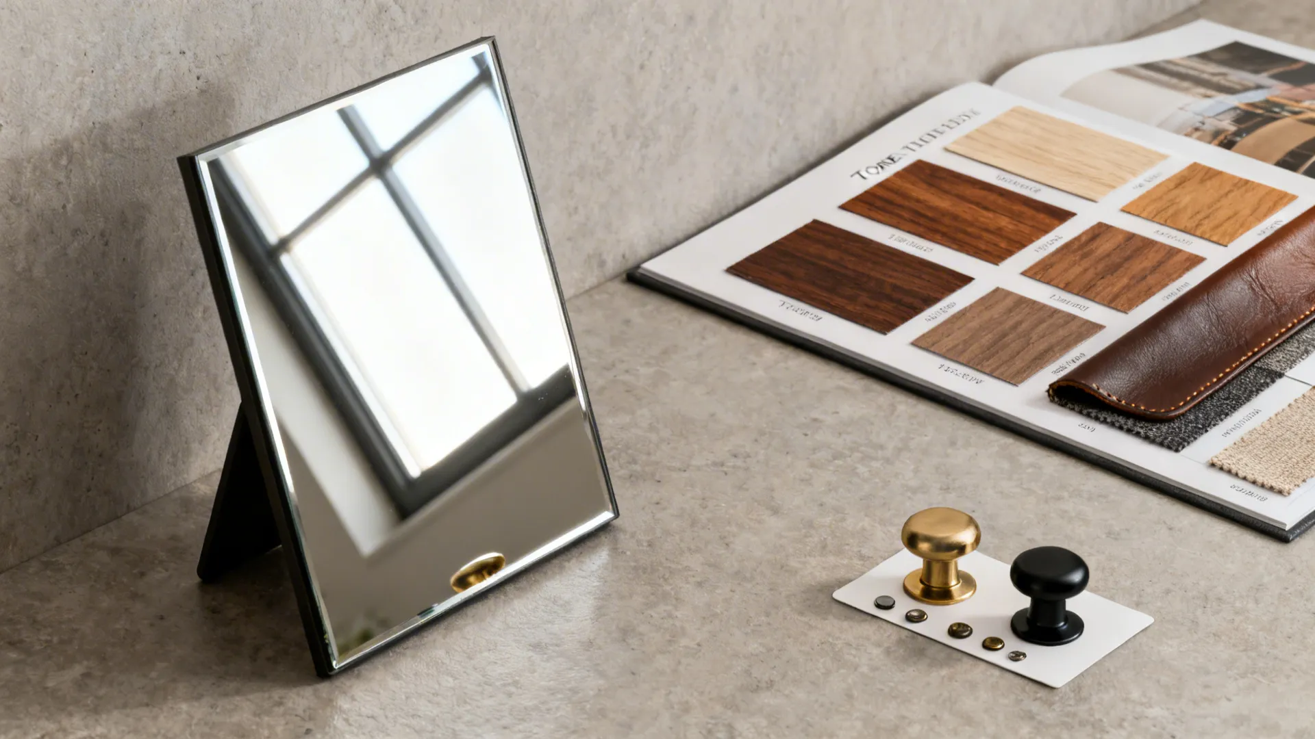 Collage of mirror, wood swatches, fabric samples and hardware illustrating FAQ solutions.