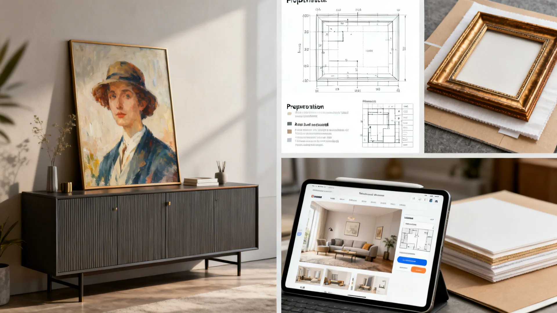 Collage of dining art scale diagrams, framing details, and an online room planner mockup