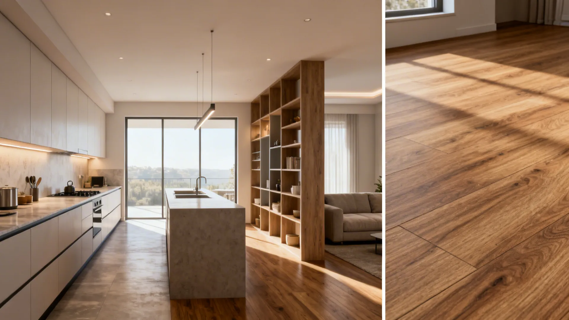 Collage showing layouts, divider solutions, layered lighting and durable flooring for open-plan small apartments