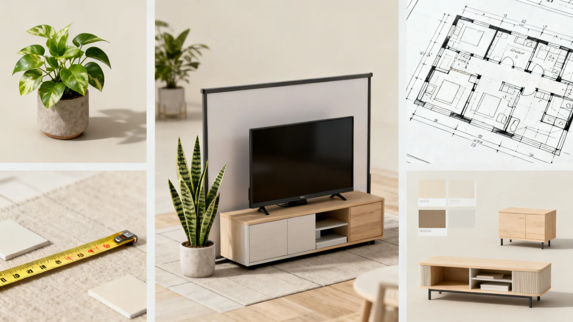 Collage of plant options, concealed TV idea, measuring tape and layout sketches for small living room FAQs.