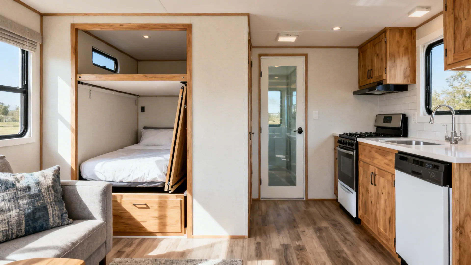 Small apartment interior showing a wooden kitchen, white bunk beds, grey sofa, and wooden floor