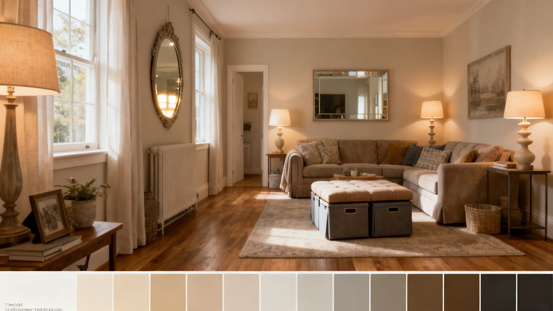 Collage of living room budget tips: paint swatches, mirror, layered lighting and storage ottoman.