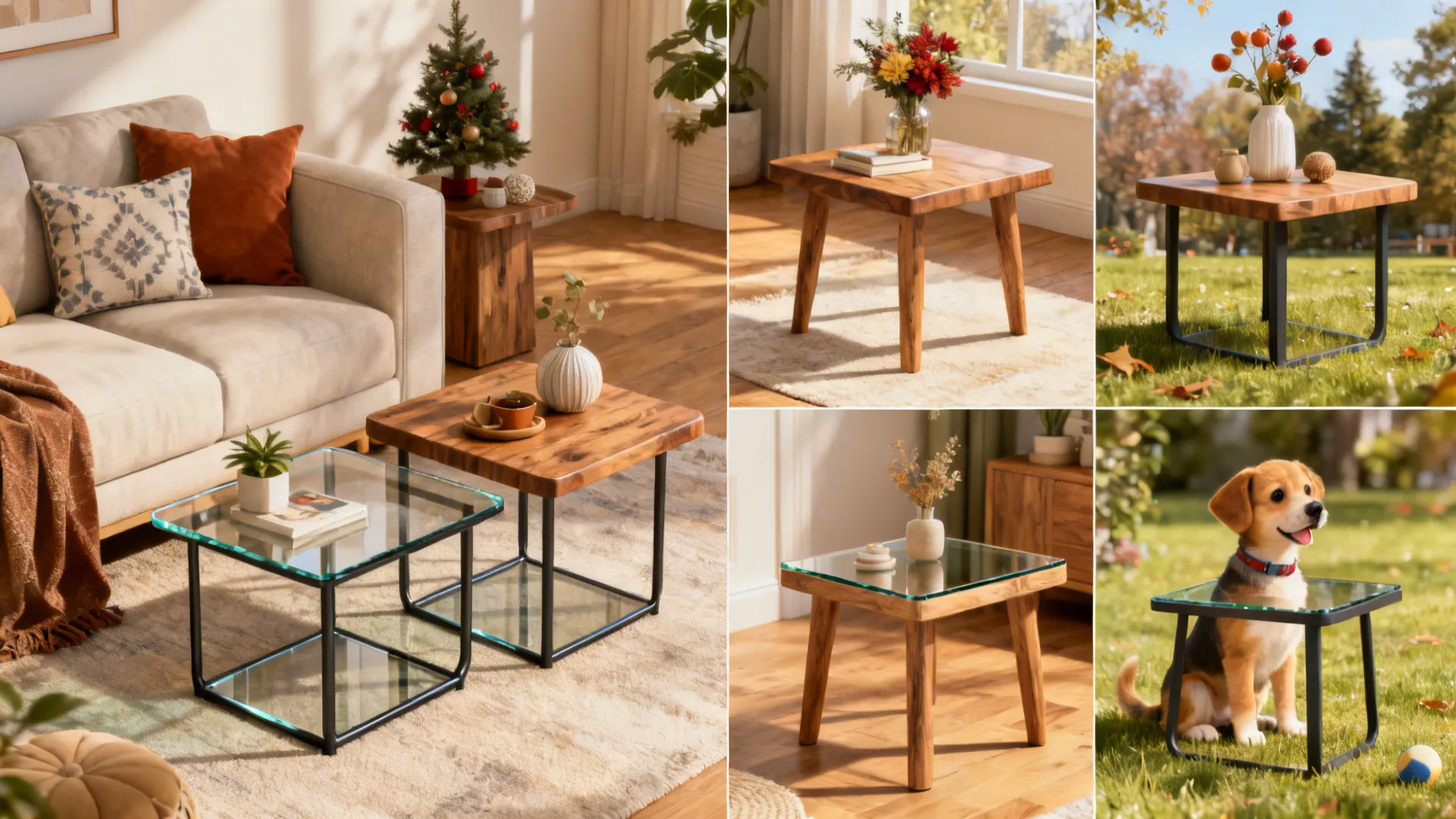 Collage of end table setups showing durable materials, mixed styles, and seasonal swaps