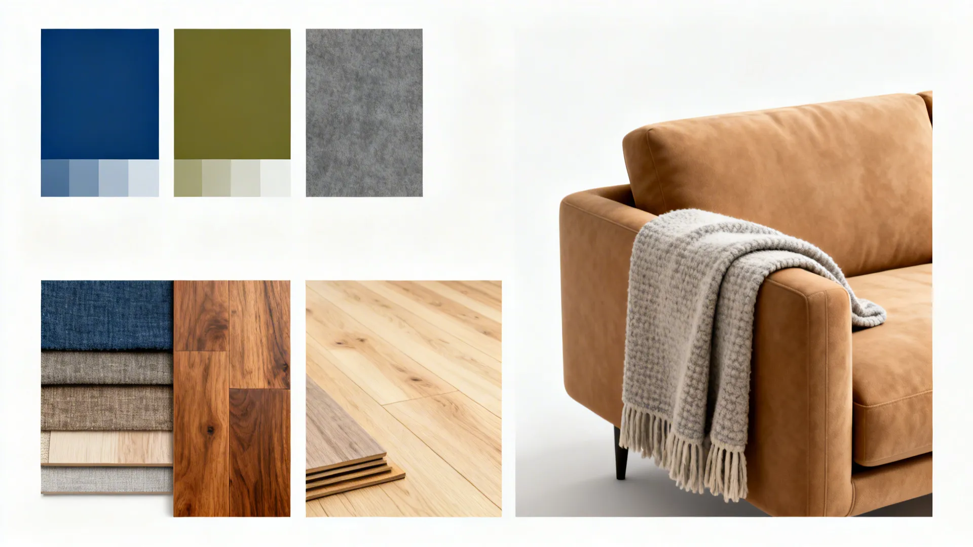 Collage of paint swatches, fabric samples and flooring options paired with a tan sofa.