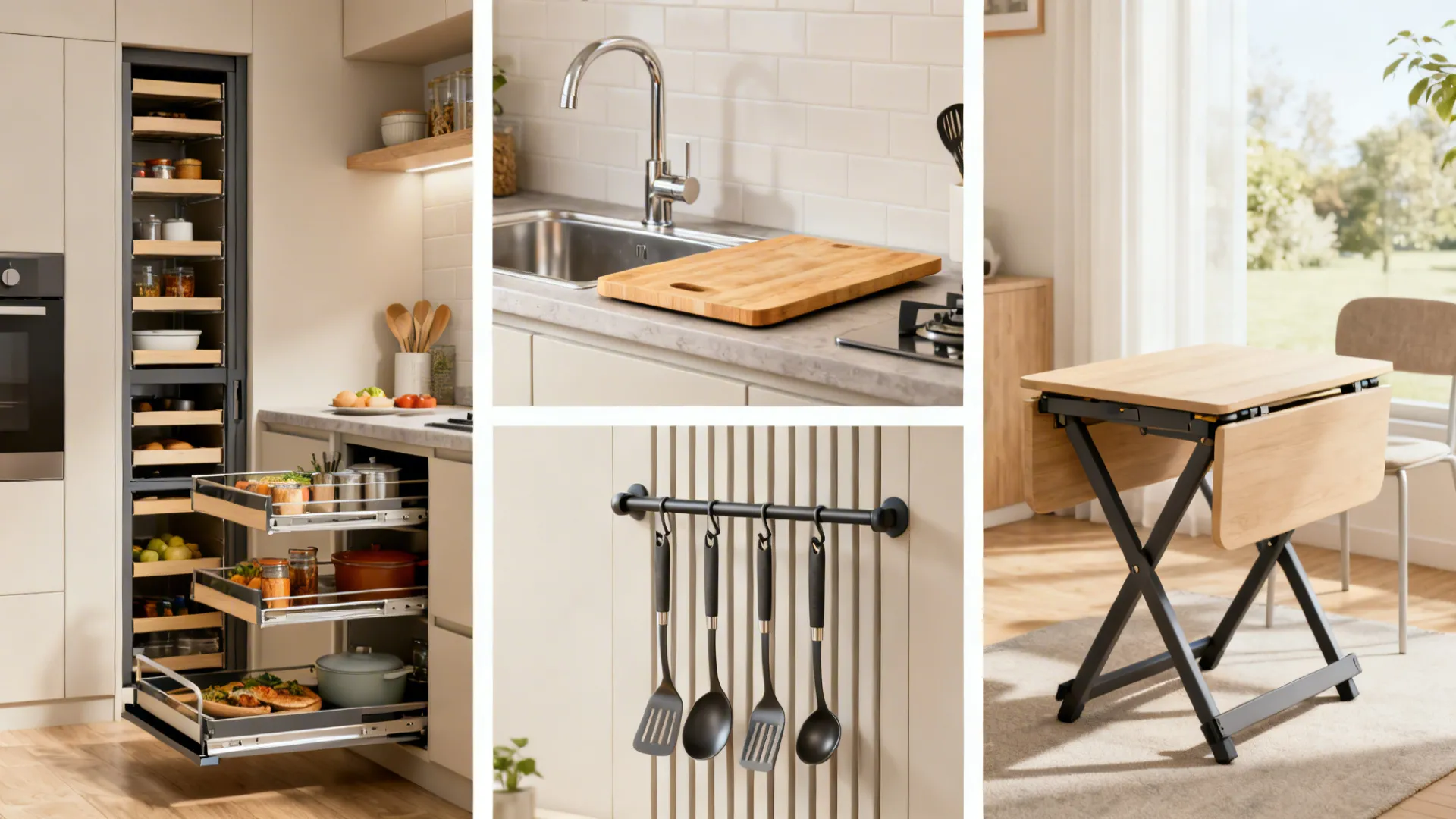 Collage of small kitchen smart solutions including pull-out pantry and fold-down table
