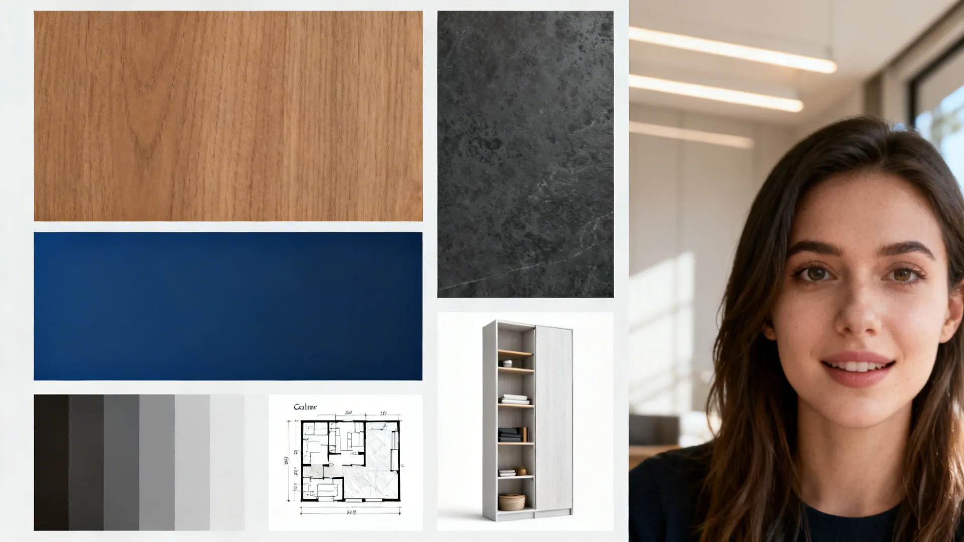 Collage of palette swatches, floor plan sketch, vertical storage and lighting examples for FAQs.