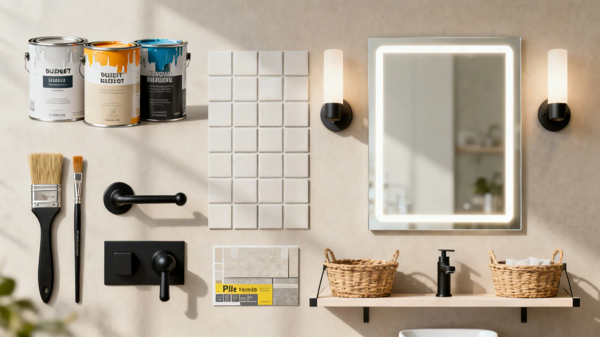 Collage of budget bathroom update elements including paint, hardware, tiles, shelving and lighting samples.