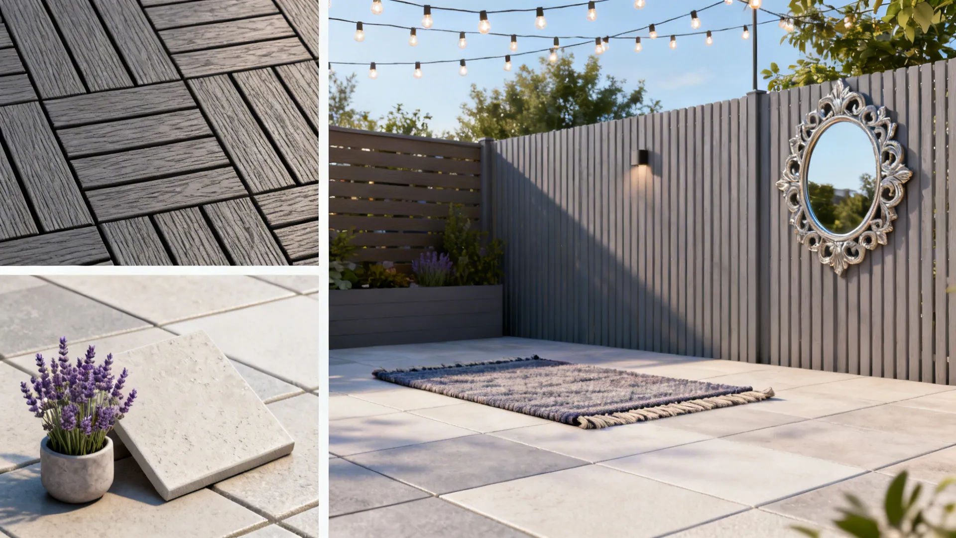 Collage of materials and small-patio solutions: decking, pavers, planter, mirror and lights.
