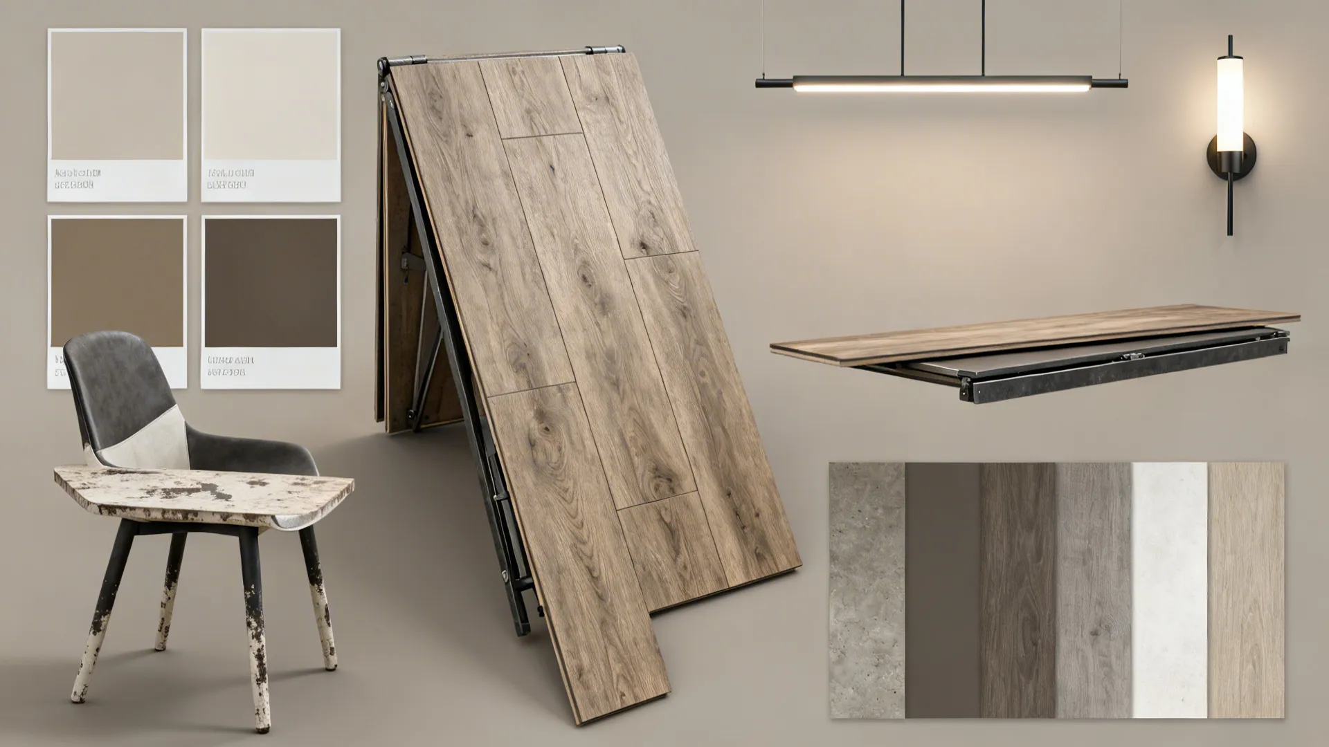 Collage of paint swatches, flooring samples, lighting and furniture details for farmhouse dining FAQs