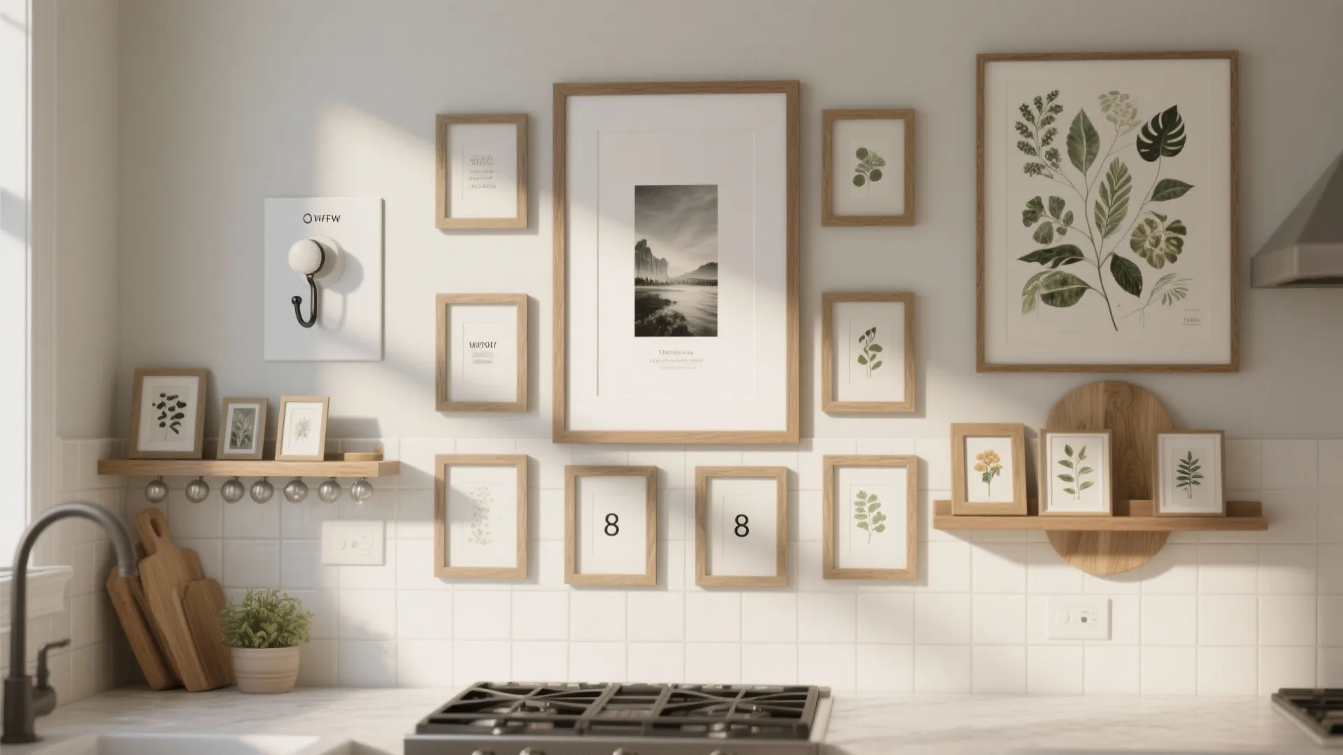 Bright kitchen wall with botanical picture frames above white tiled backsplash and a gas stove