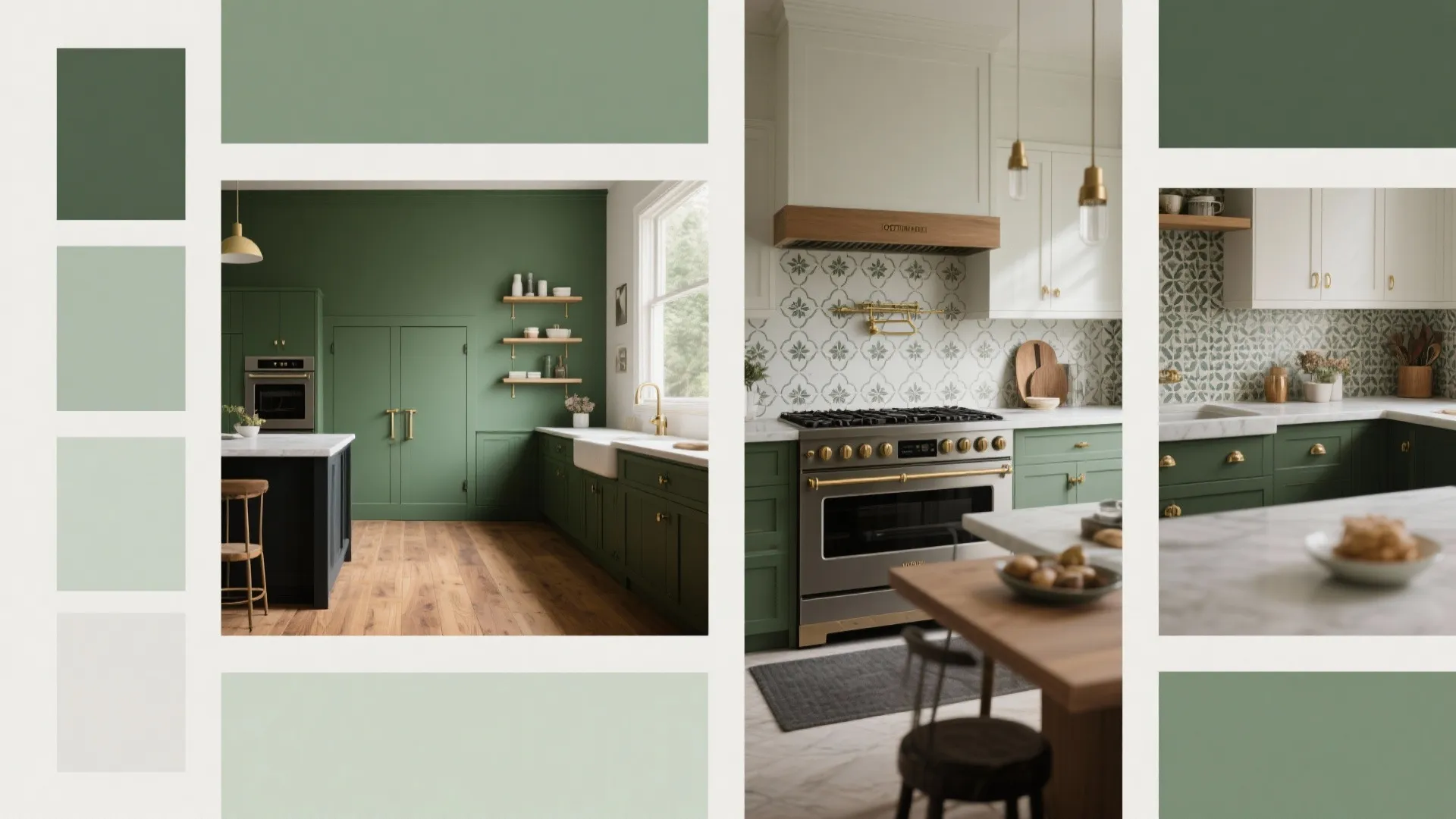 Collage of kitchen vignettes showing green paint swatches, brass and black hardware, wood flooring and patterned backsplash.