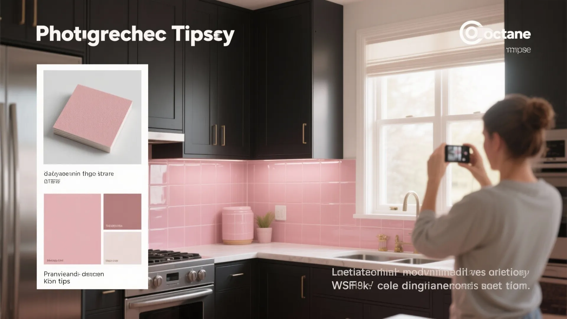 Modern kitchen with black cabinets pink wall tiles and woman taking photo of interior design