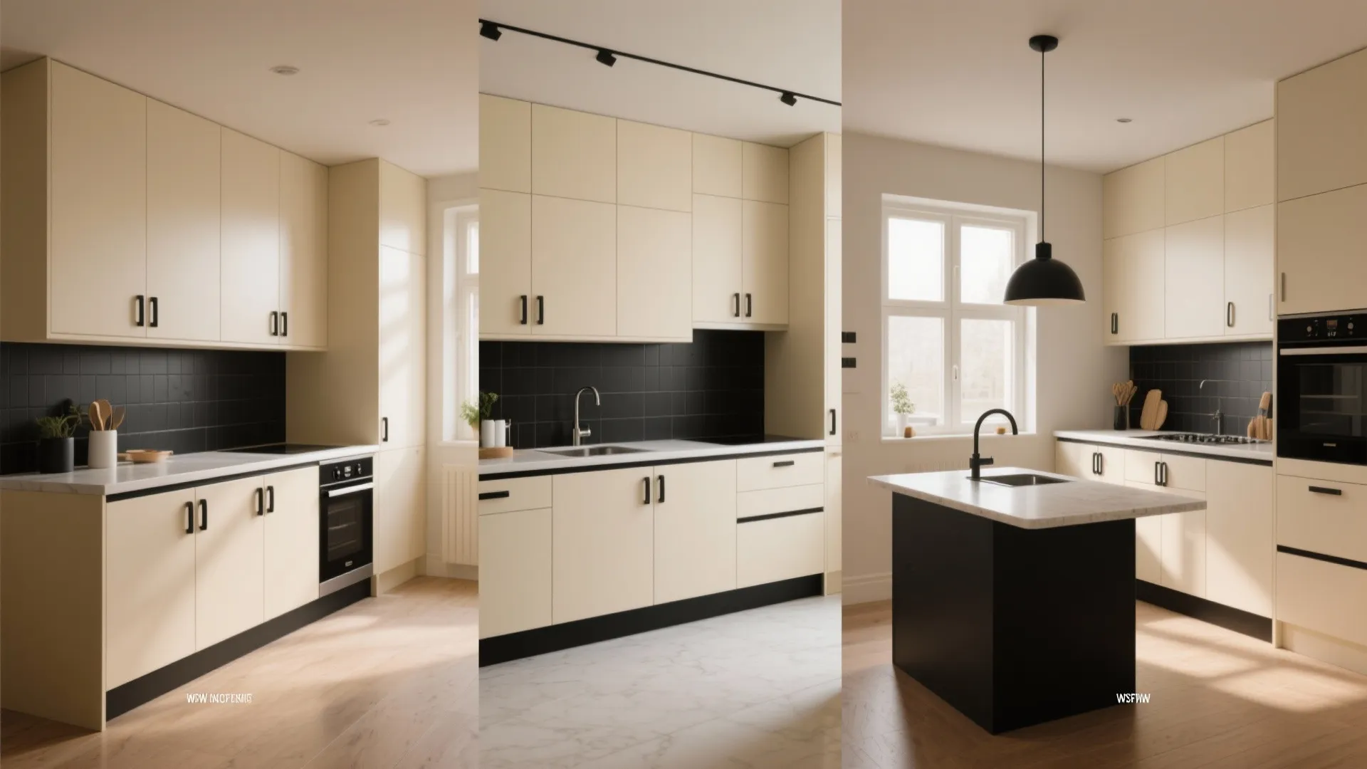 Collage of three modern kitchen designs showing cream cabinets black backsplash and wood floor layouts