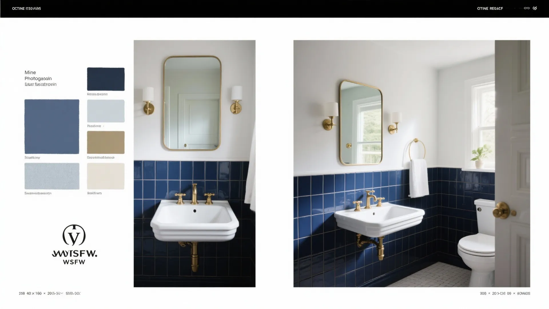 Interior design mood board with color samples and photos of a navy blue tiled bathroom