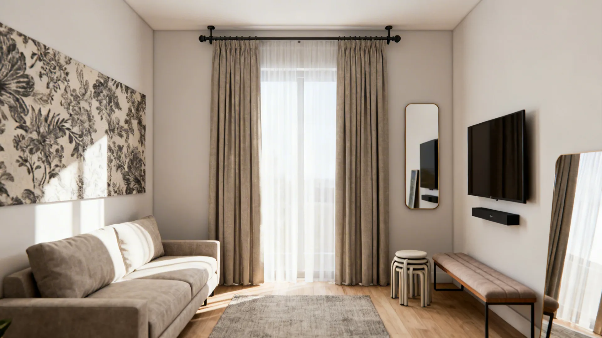 Collection of compact furniture and treatments: apartment sofa, slim bench, tall curtains, and mirror examples for narrow living rooms.