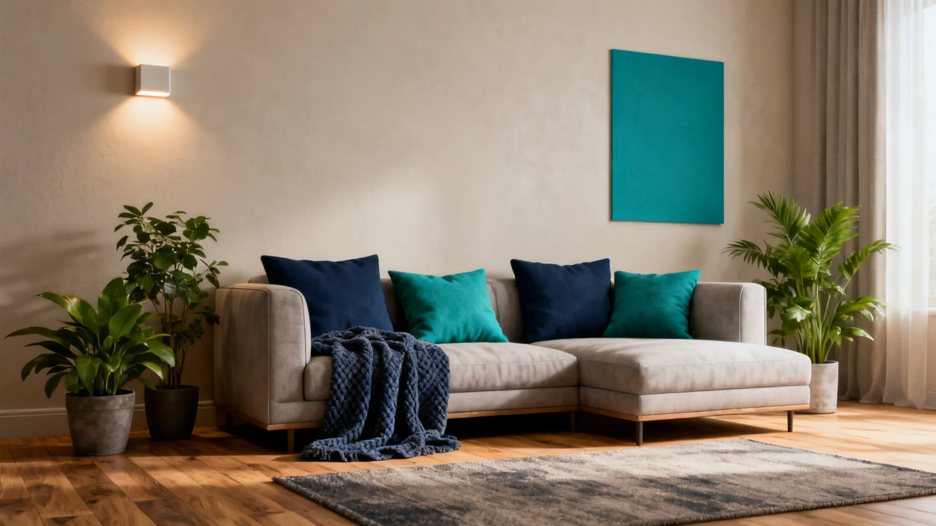 Neutral living room with removable colorful accents demonstrating flexible color solutions