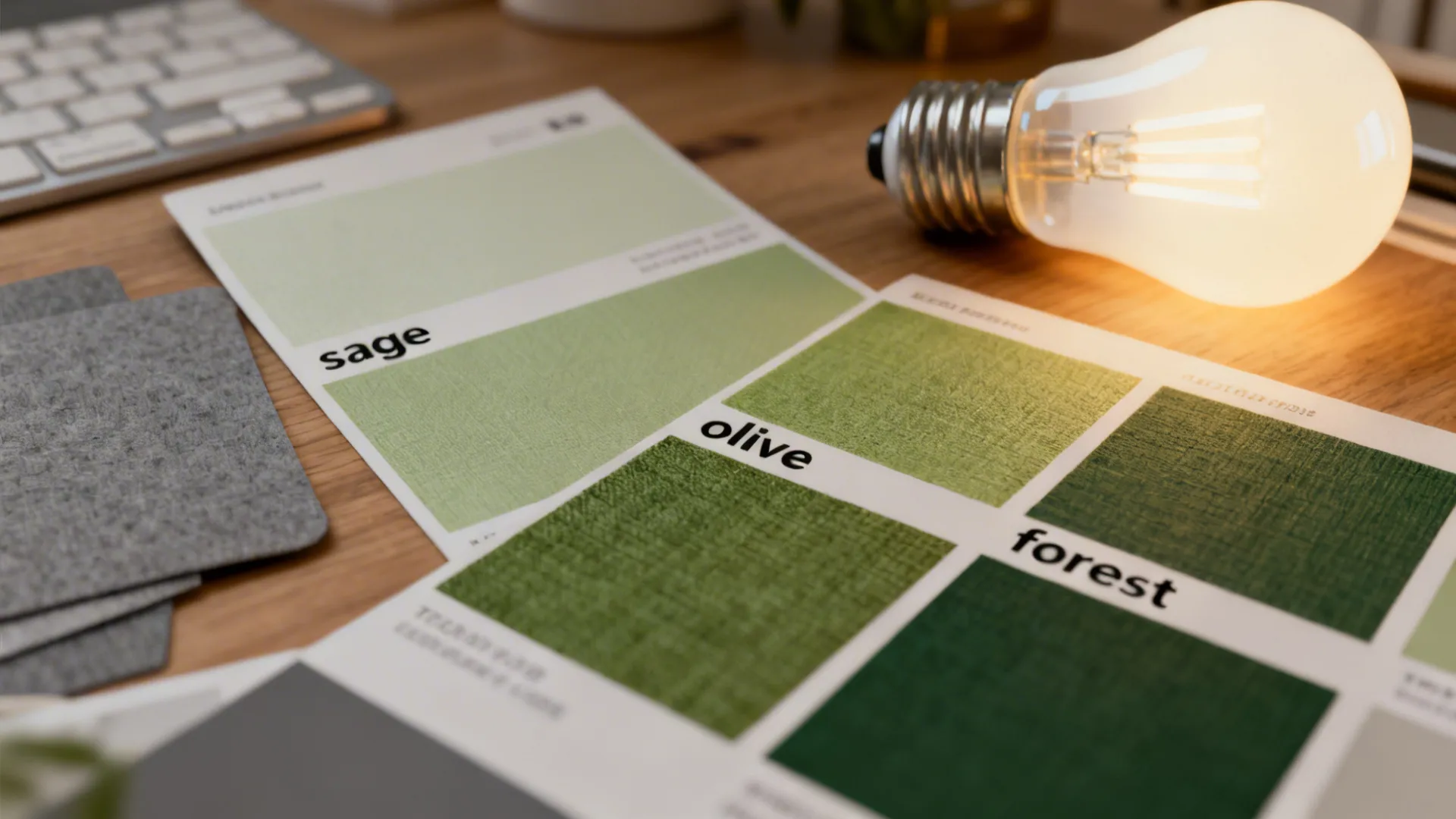 Close-up of color chips for sage, olive, forest and grey with warm white bulb sample