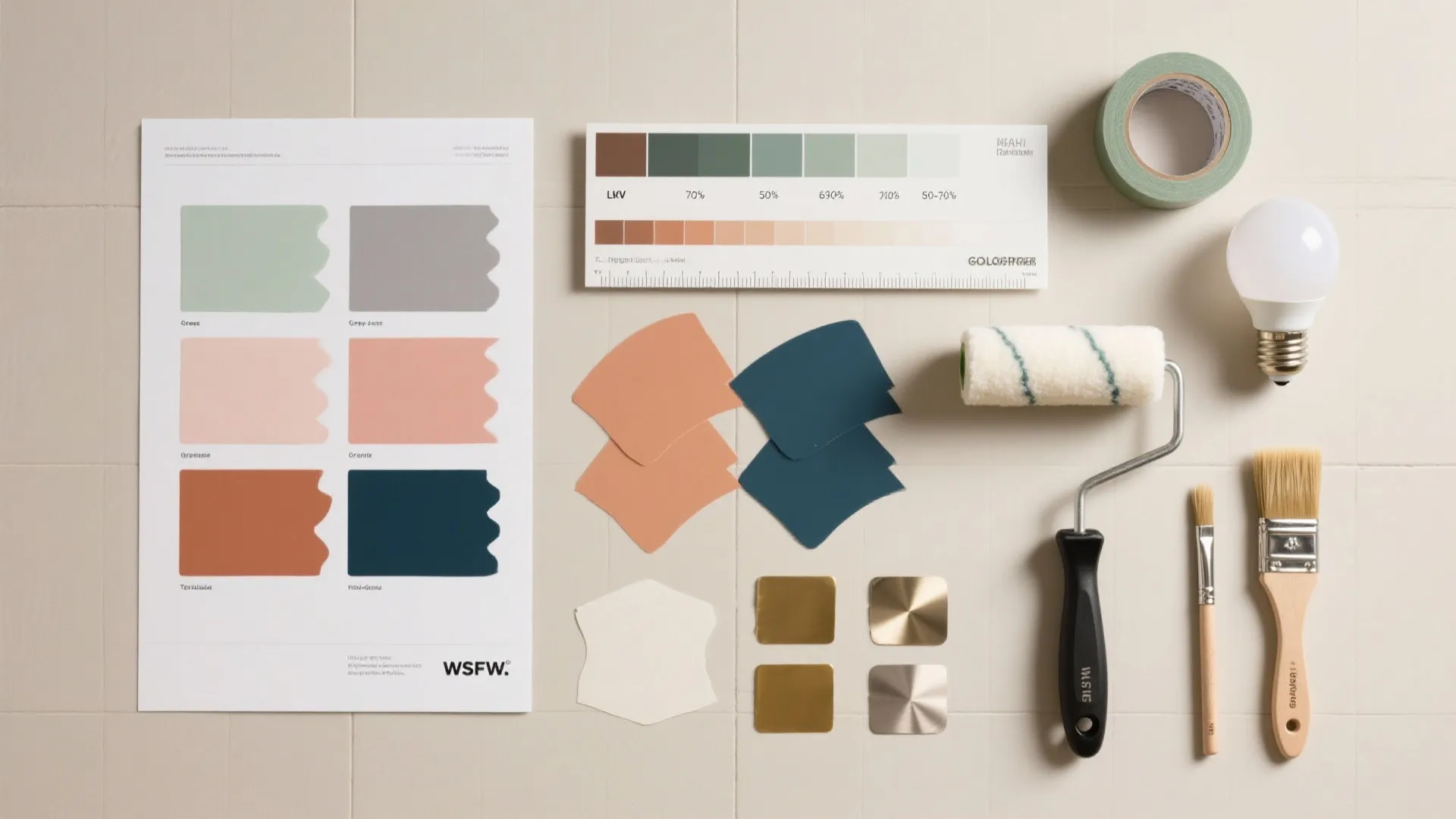 Interior design color palette with paint swatches a paint roller brushes and a light bulb