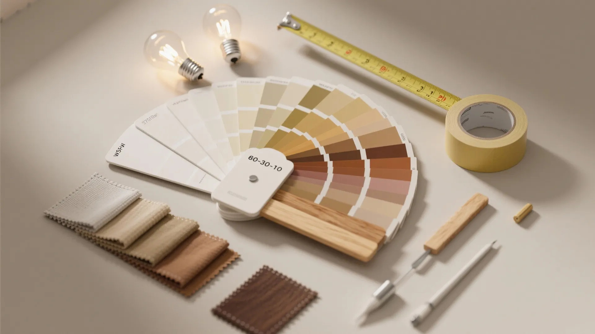 Interior design tools including color paint samples light bulbs measuring tape and fabric material swatches