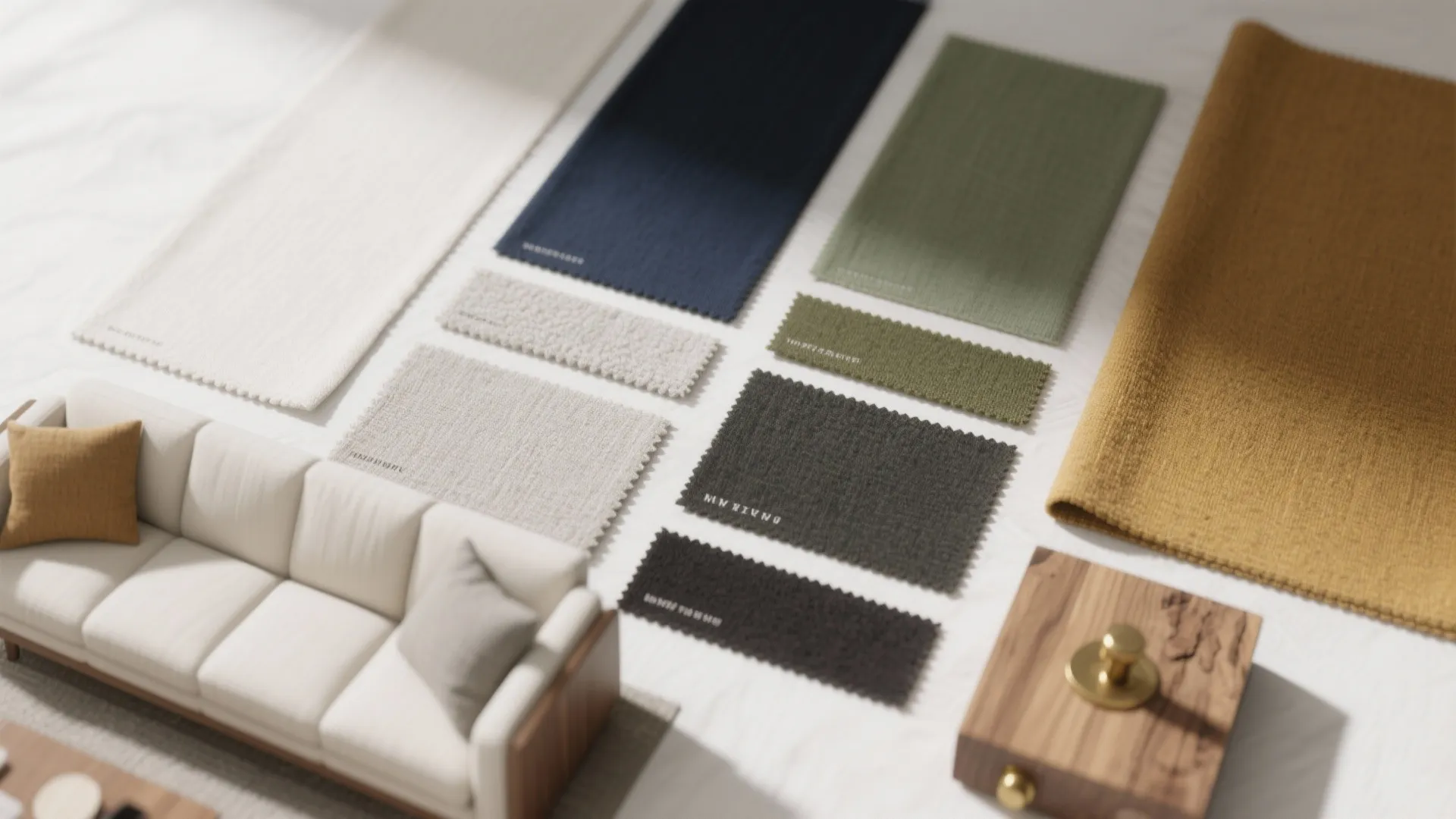 Fabric material samples in different colors displayed with a miniature white sofa and a wooden box
