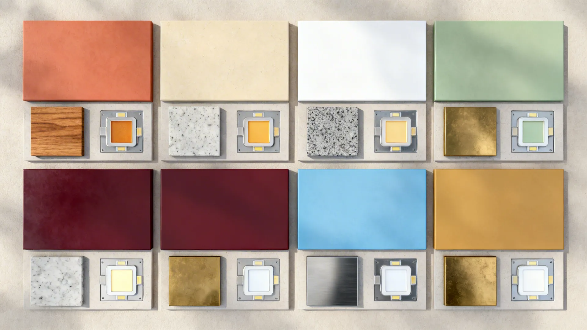 Flatlay of cabinet color swatches with oak, quartz, stainless, brass, and warm-cool LED chips.