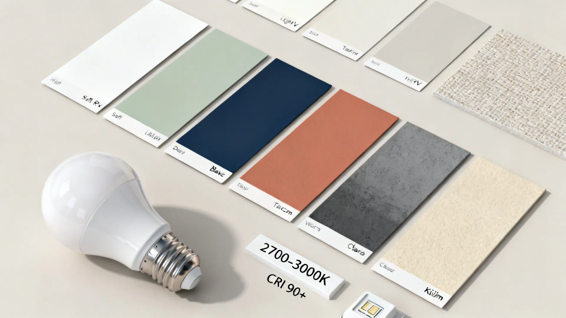 Top-down palette of soft whites, greiges, sage, terracotta, navy, warm gray, charcoal, and kilim beige with LED bulbs.
