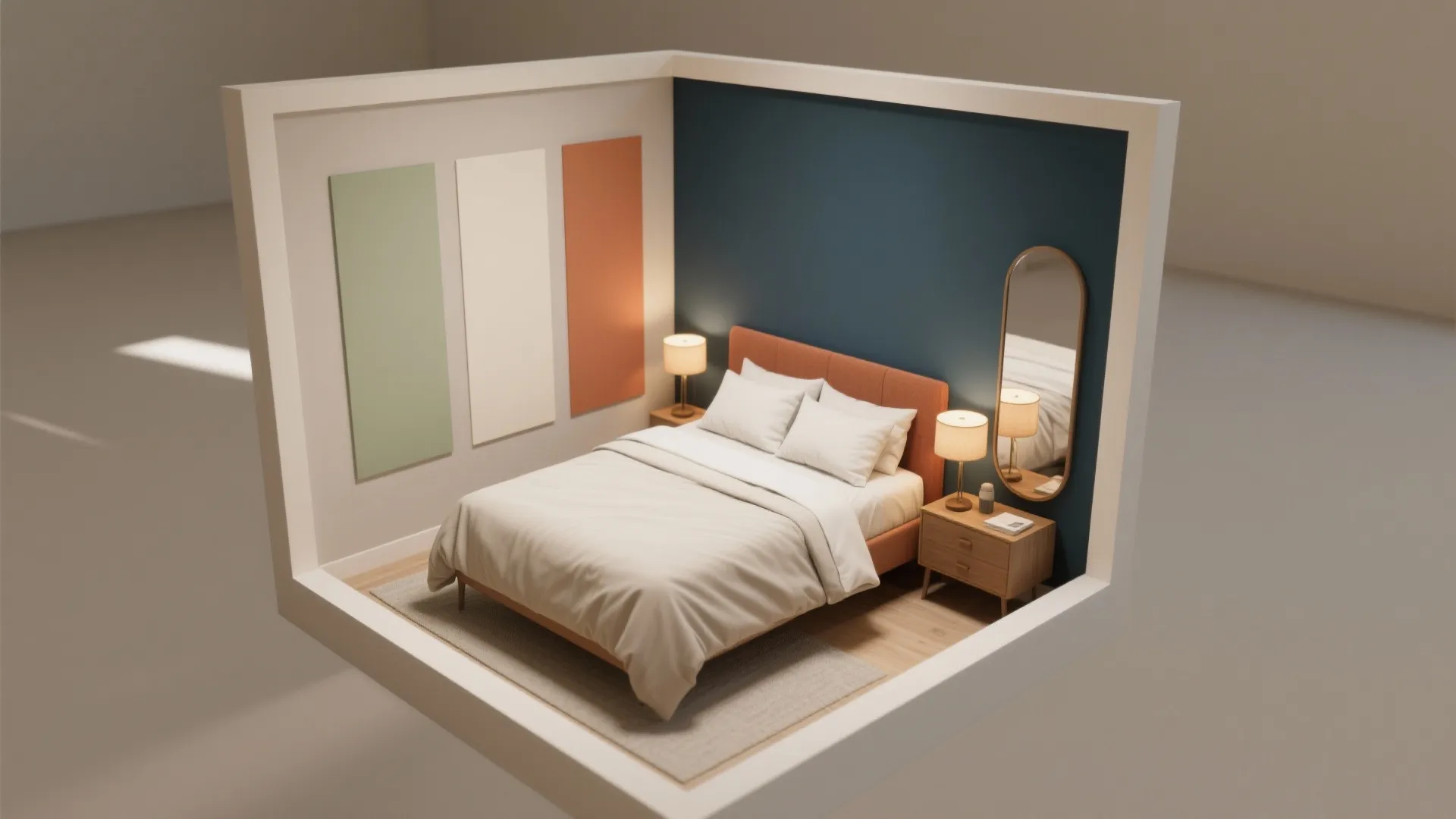 Interior design drawing of small bedroom with blue wall and orange bed and color panels