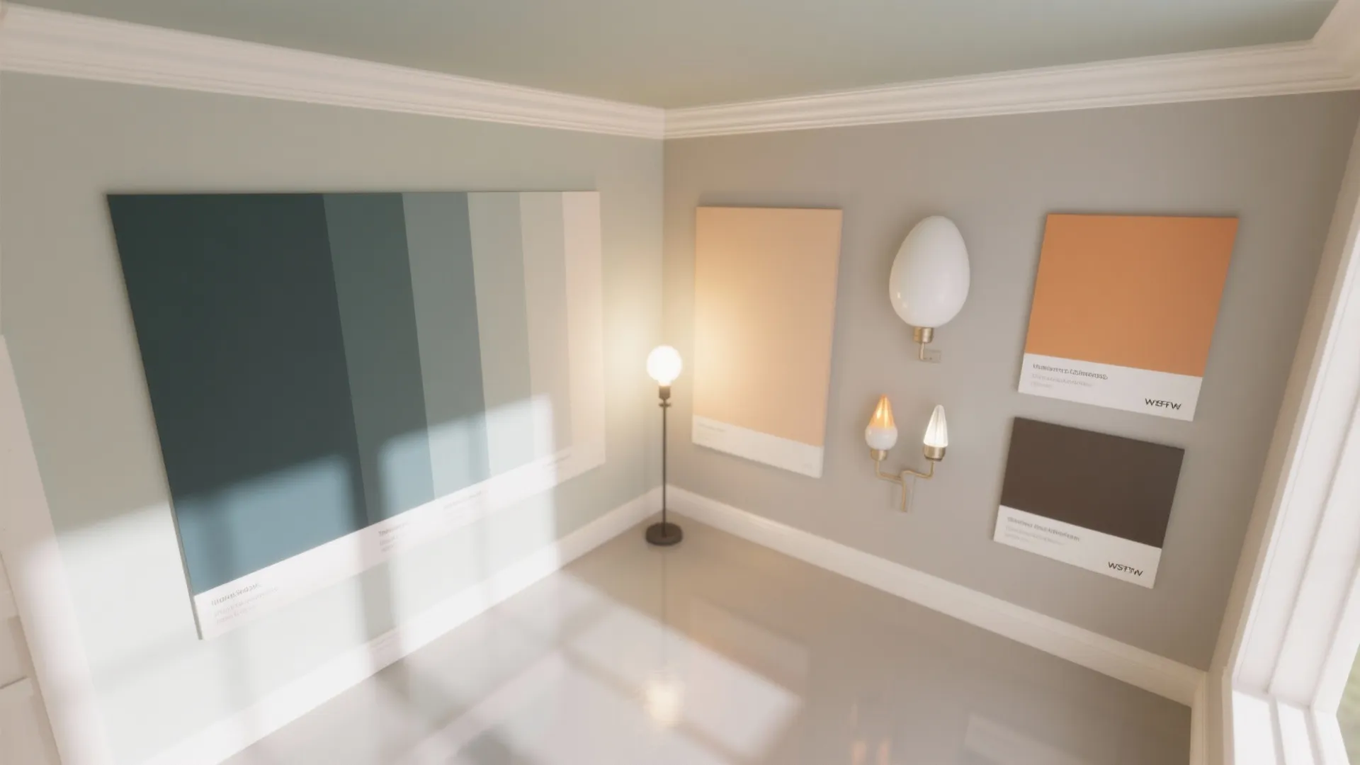 Room corner displaying color paint swatches on gray walls with floor lamp and light fixtures