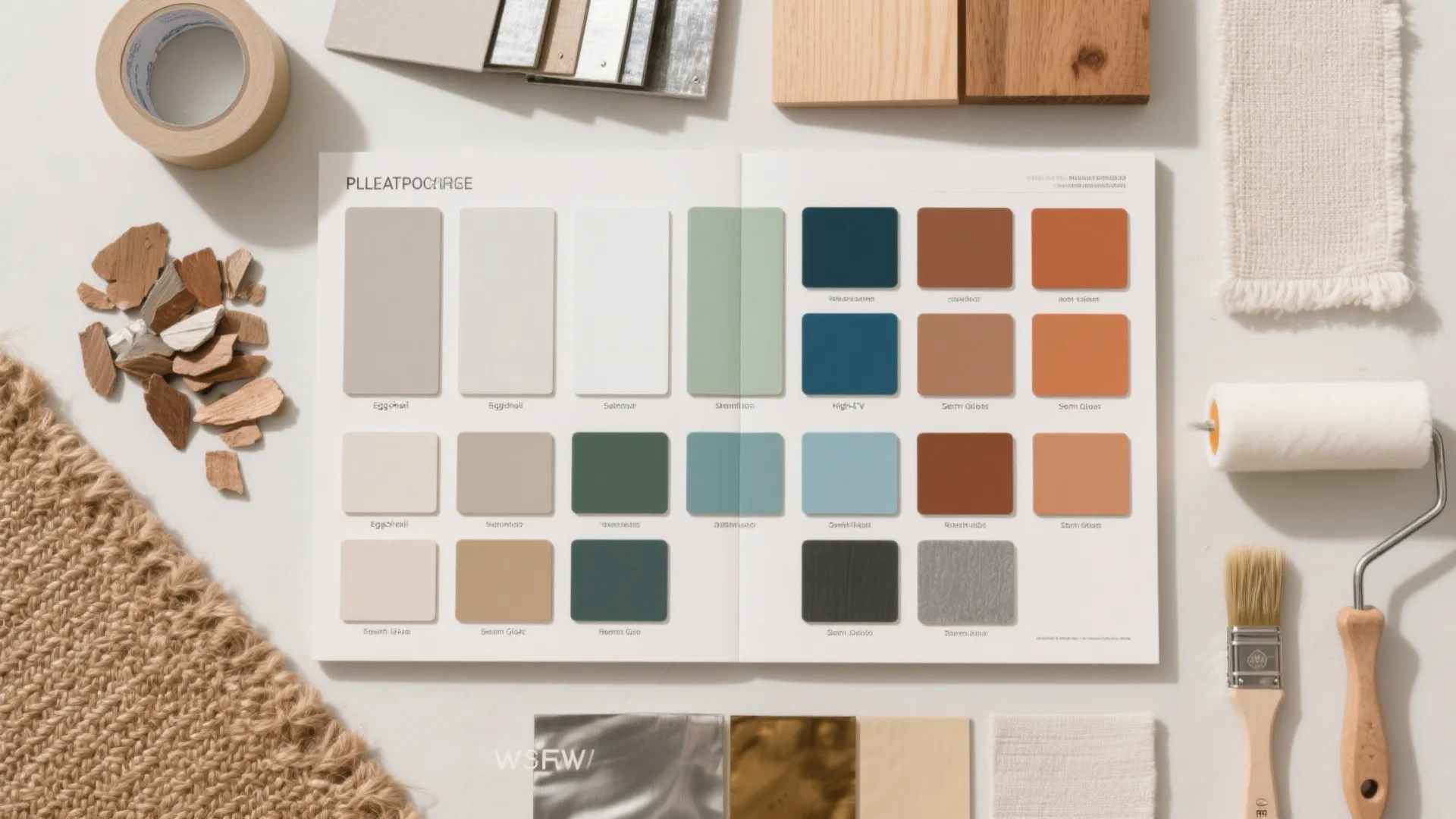 Color palette book with various paint swatches surrounded by wood samples paint rollers and brushes