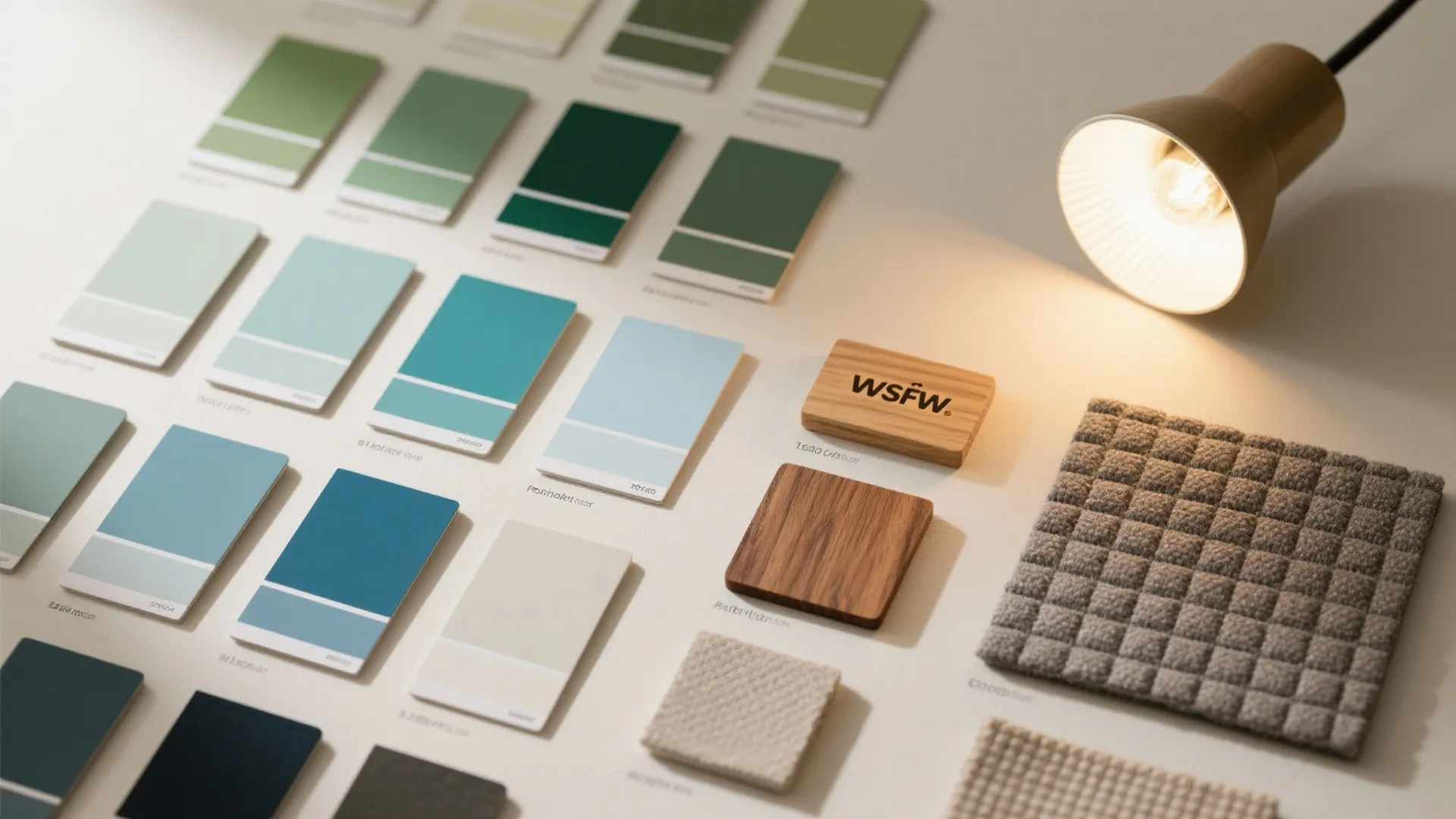 Variety of blue and green color swatches on table with wood samples and light fixture