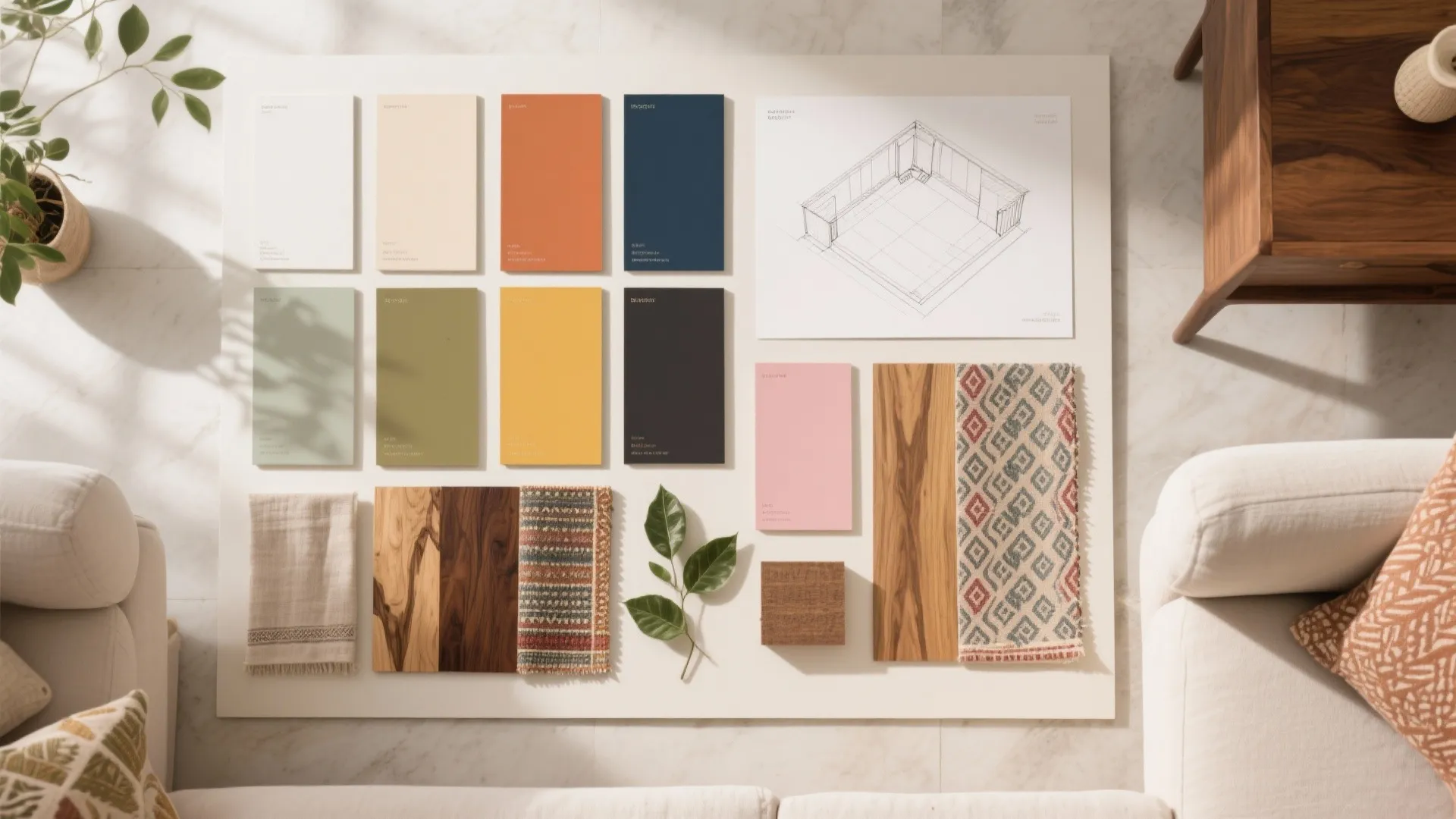Interior design board with colorful paint swatches, wood samples, fabric, and a room layout drawing