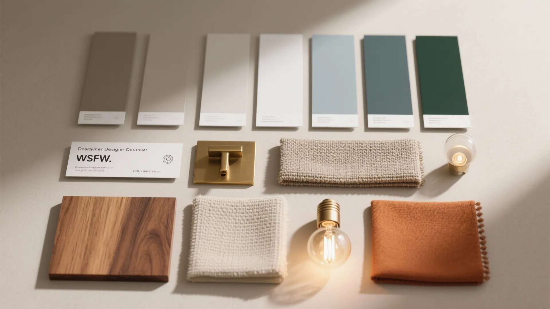 Interior design mood board with color swatches wood sample fabric pieces light bulb and gold handle