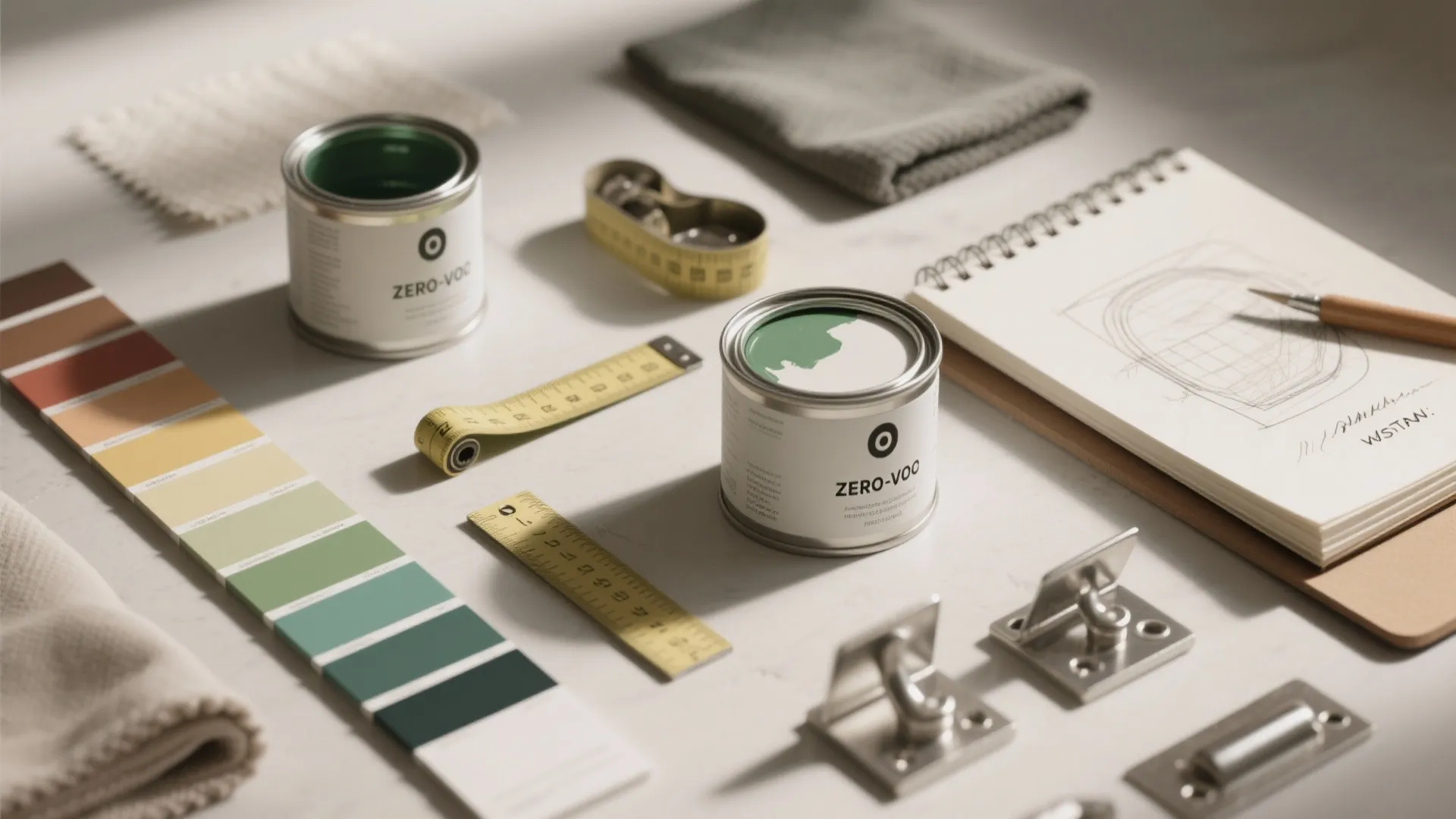 Flatlay of unbranded paint tins, swatches, fabric samples and a sketchbook showing color planning and eco-friendly options.