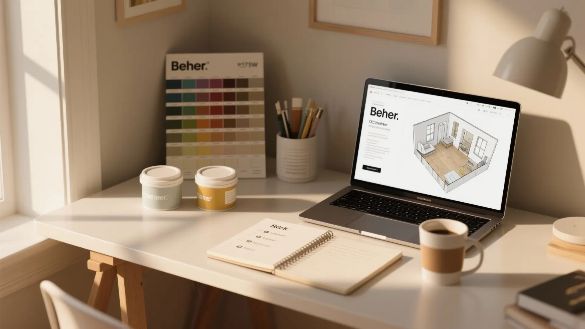 Workspace with laptop showing interior design drawing paint color samples notebook and coffee on desk