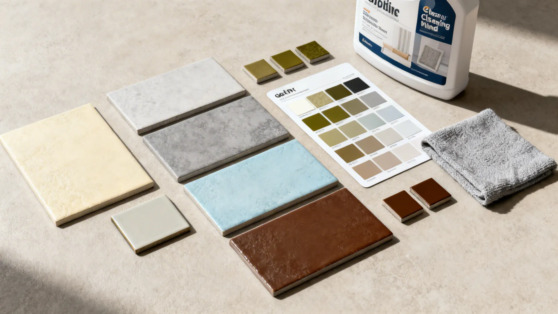 Color and material swatches including creams, grays, greens and chocolate brown with a fabric care kit