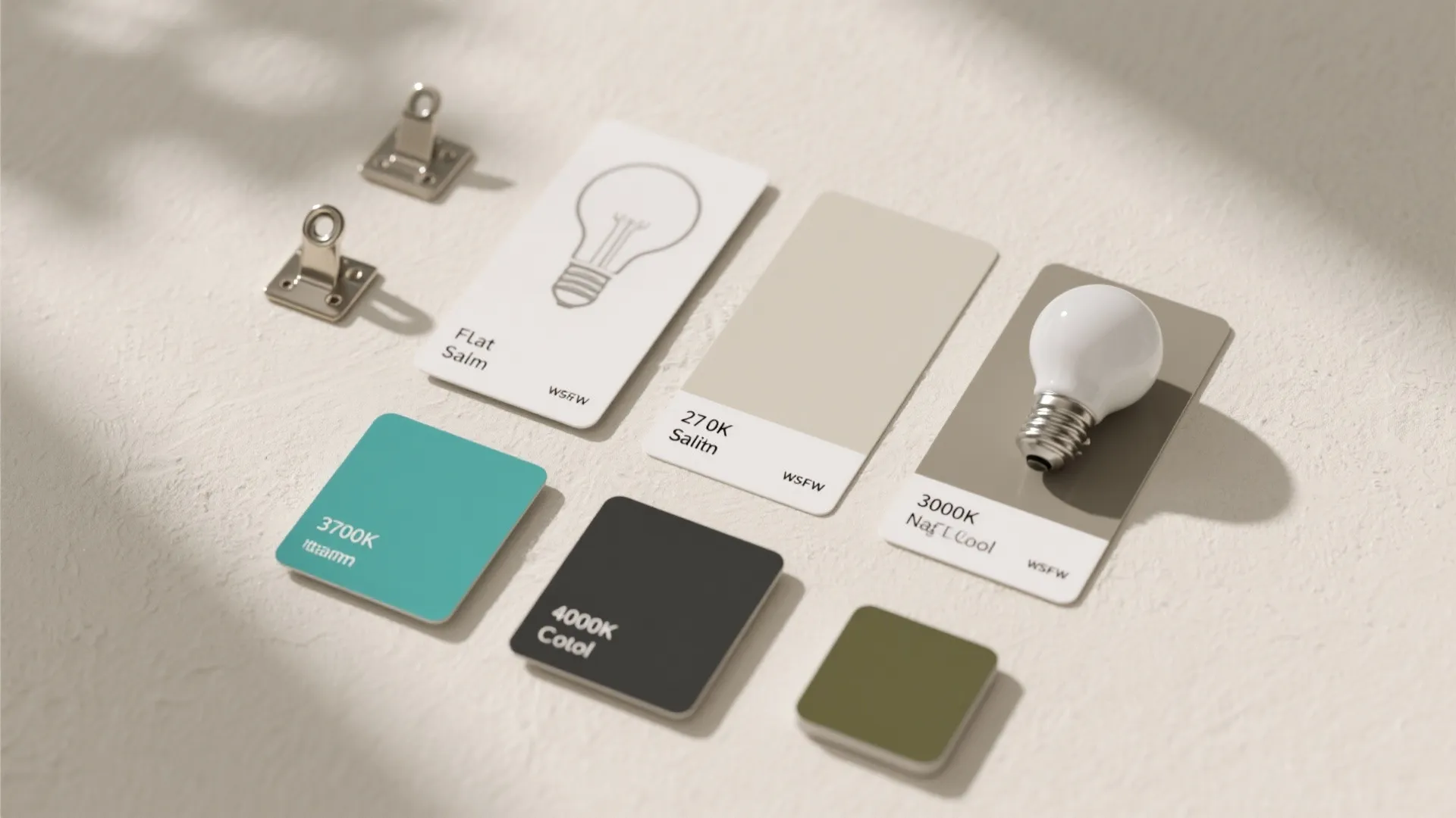 Selection of lighting temperature color cards with white bulb and metal clips on neutral surface