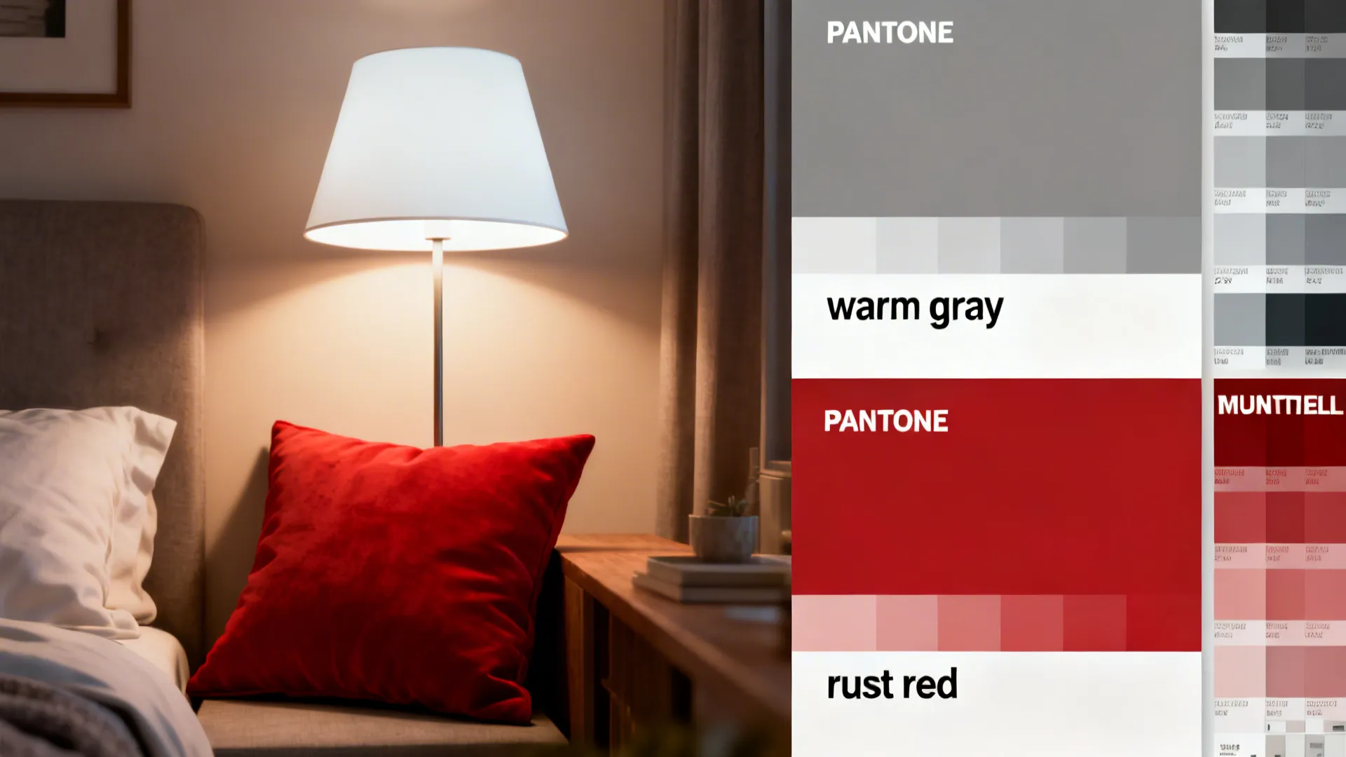 Vignettes showing warm white lighting, color swatches and Pantone guides alongside red accent pillow