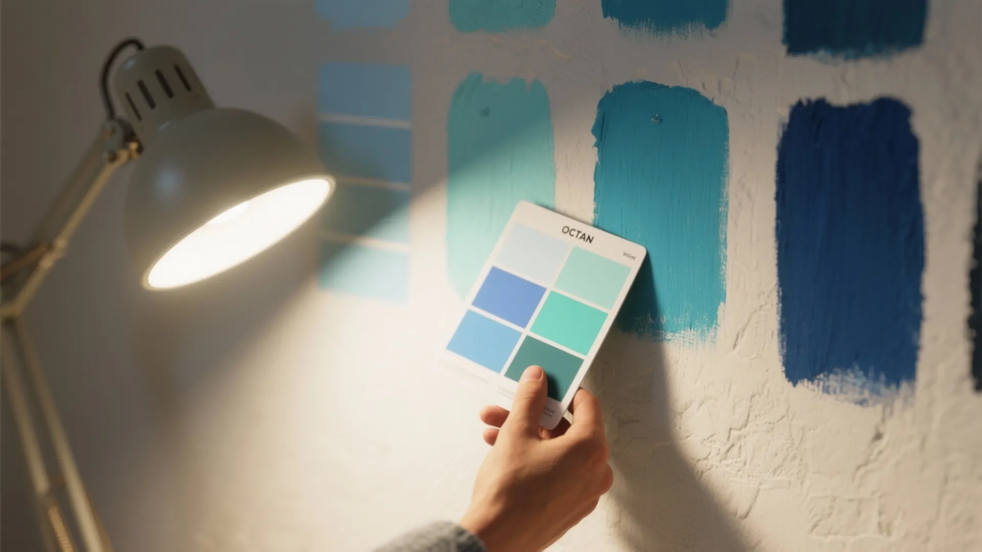 Hand holding a blue color card against a wall with painted samples under a bright lamp