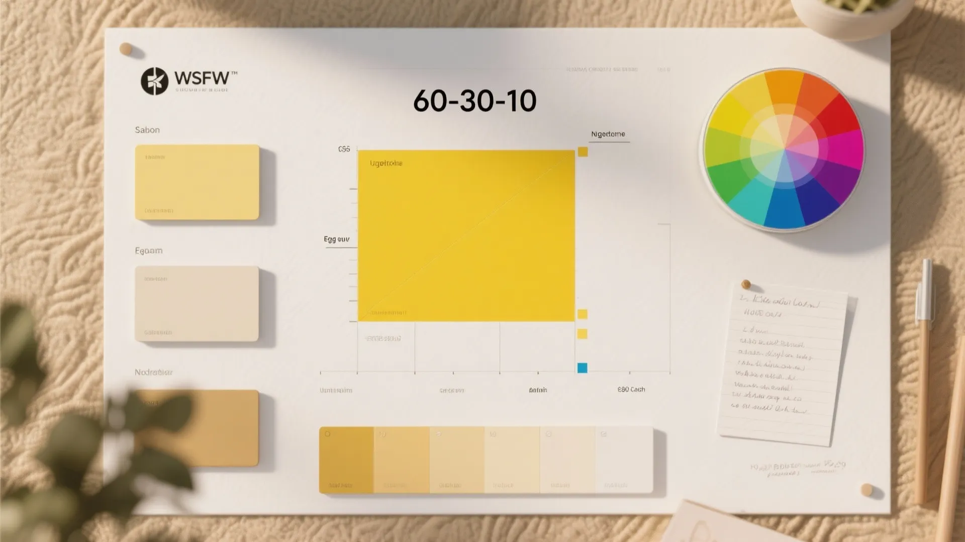 Top-down moodboard showing a 60-30-10 color layout, yellow swatches and finish samples.
