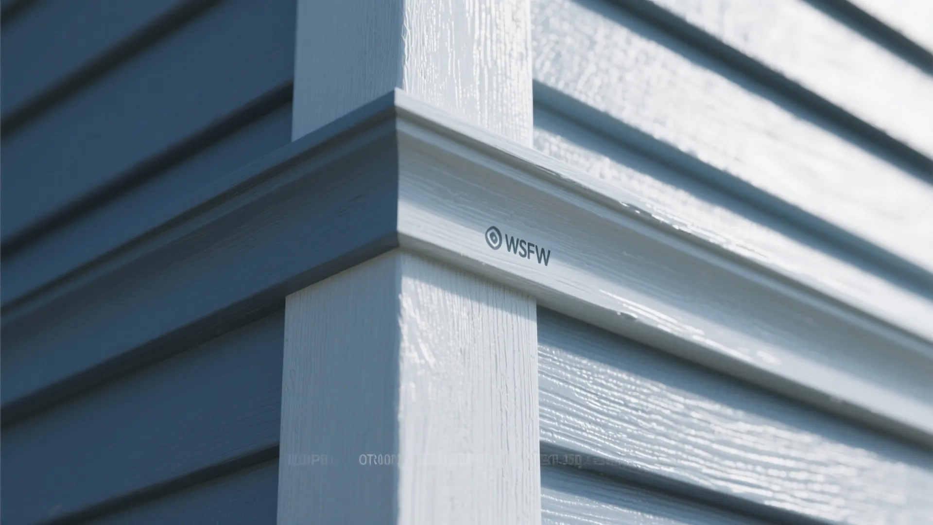 Close up view of blue house siding with white corner trim and realistic wood texture
