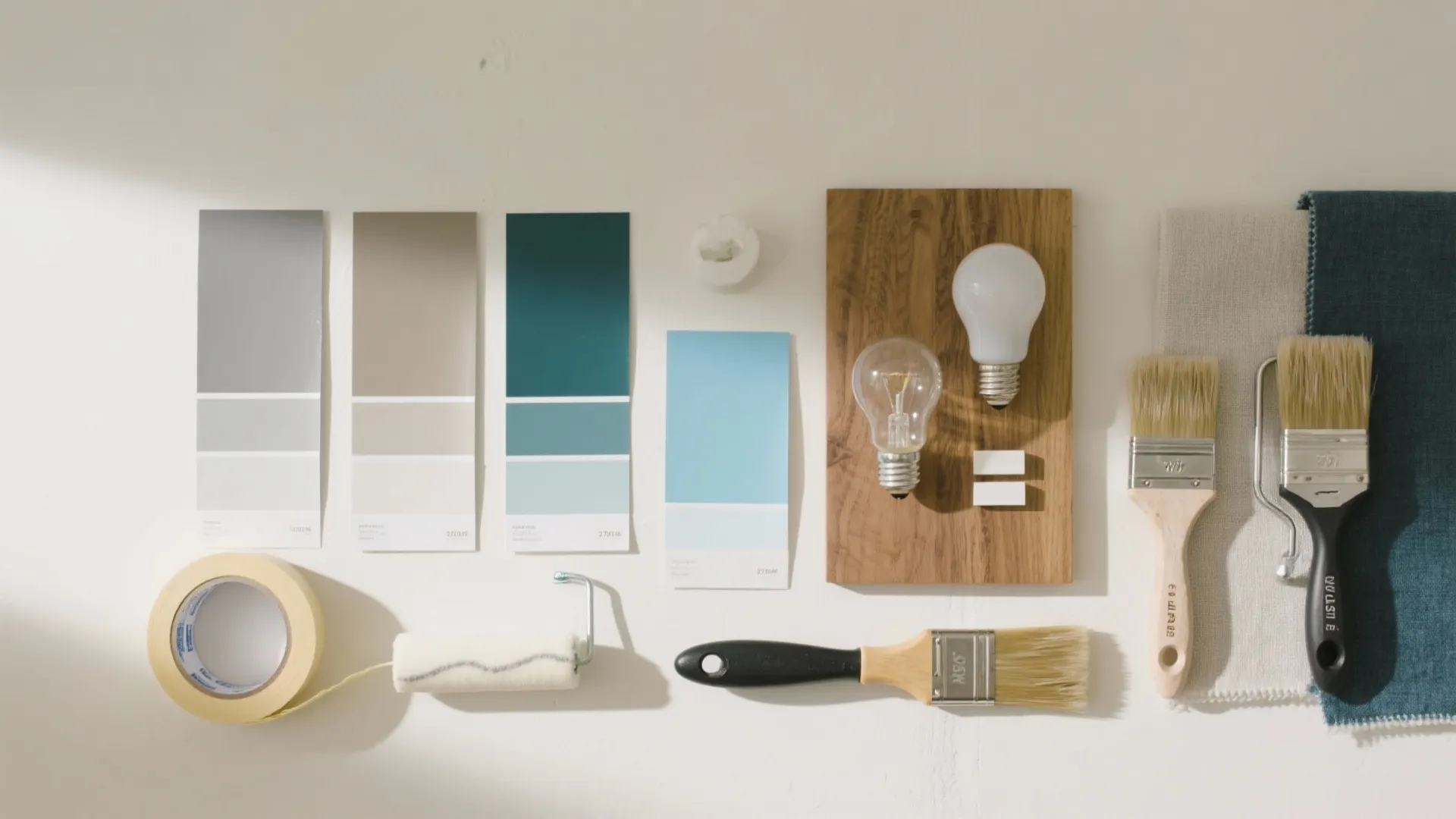 Interior design mood board with color cards light bulbs paint brushes and wood material samples