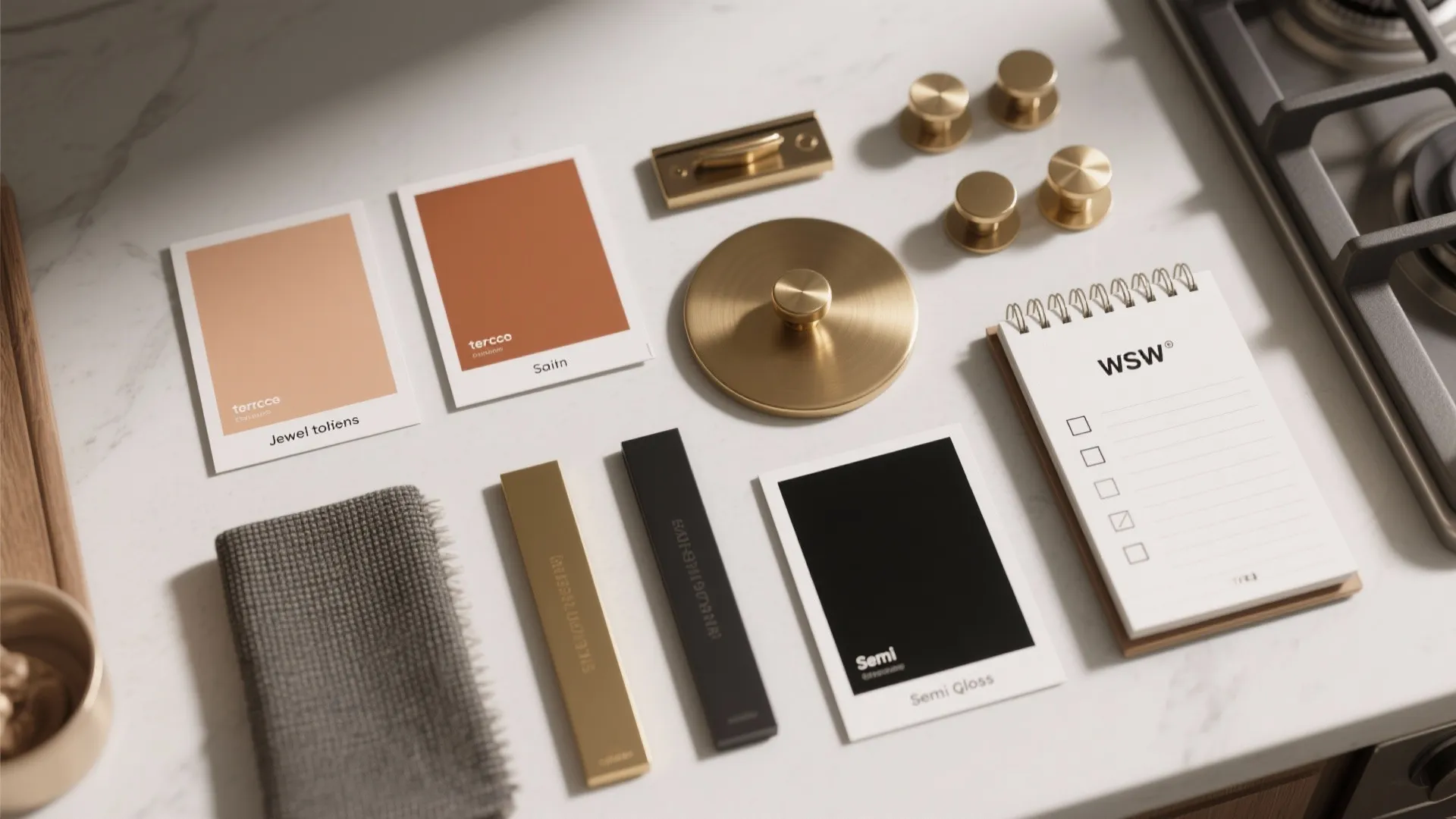 Top-down view of paint chips, hardware swatches and finish samples for kitchen color and finish FAQs.