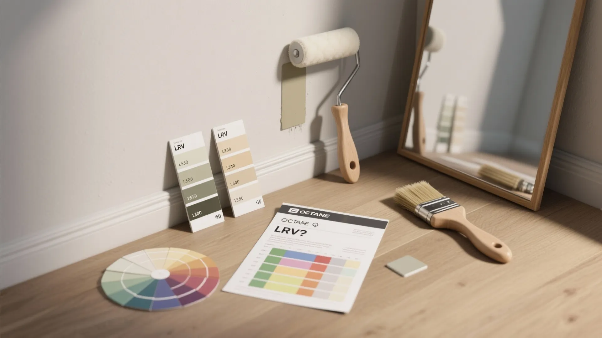 Paint roller and brushes next to color samples and a light reflectance value guide paper
