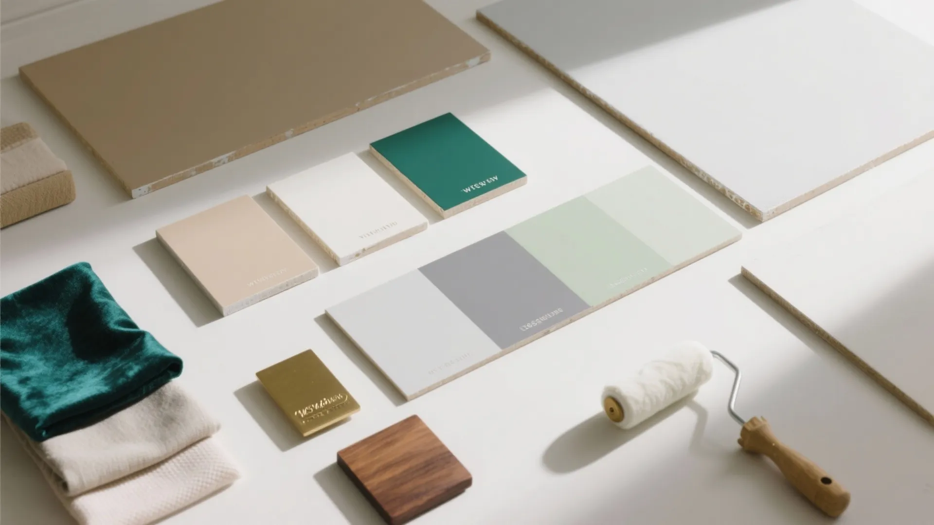 Collection of color samples wood blocks fabric pieces and paint roller on a white surface