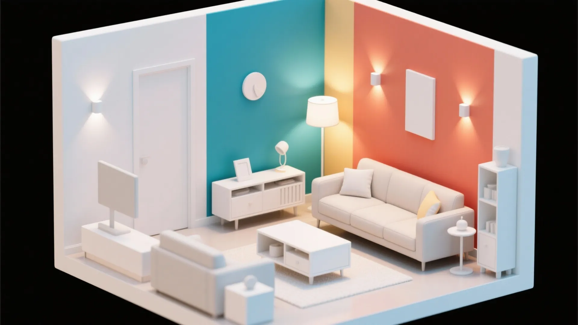 Small 3D room layout design with blue and orange walls white sofa and coffee table