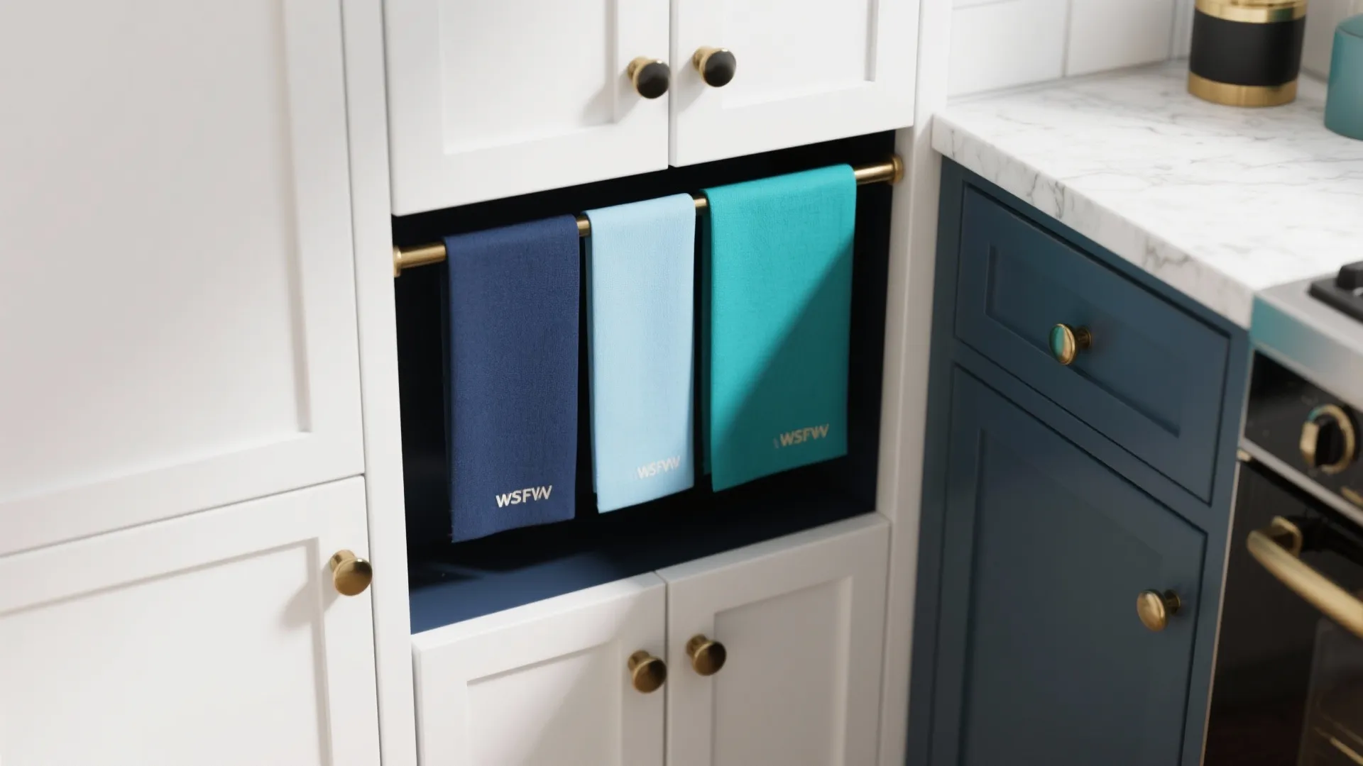 Color swatches of navy, powder blue and teal next to white cabinet sample and hardware for FAQ guidance.