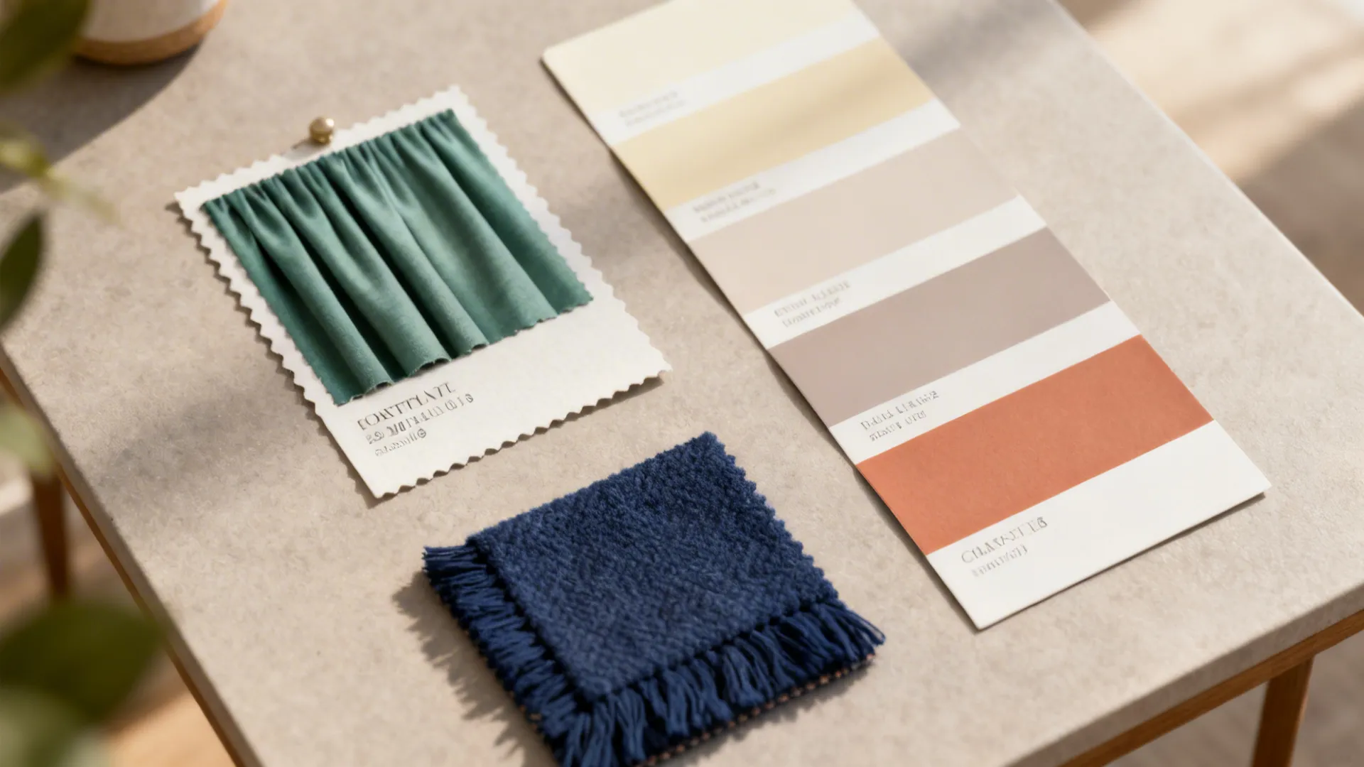 Green fabric sample, blue fabric sample, and color paint swatches on a grey flat table surface