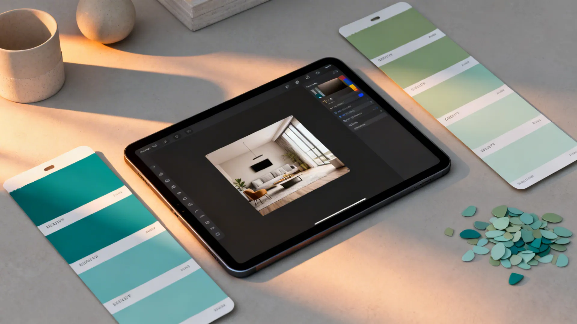 Color swatches and a tablet with a room planner showing teal, aqua and sage options.