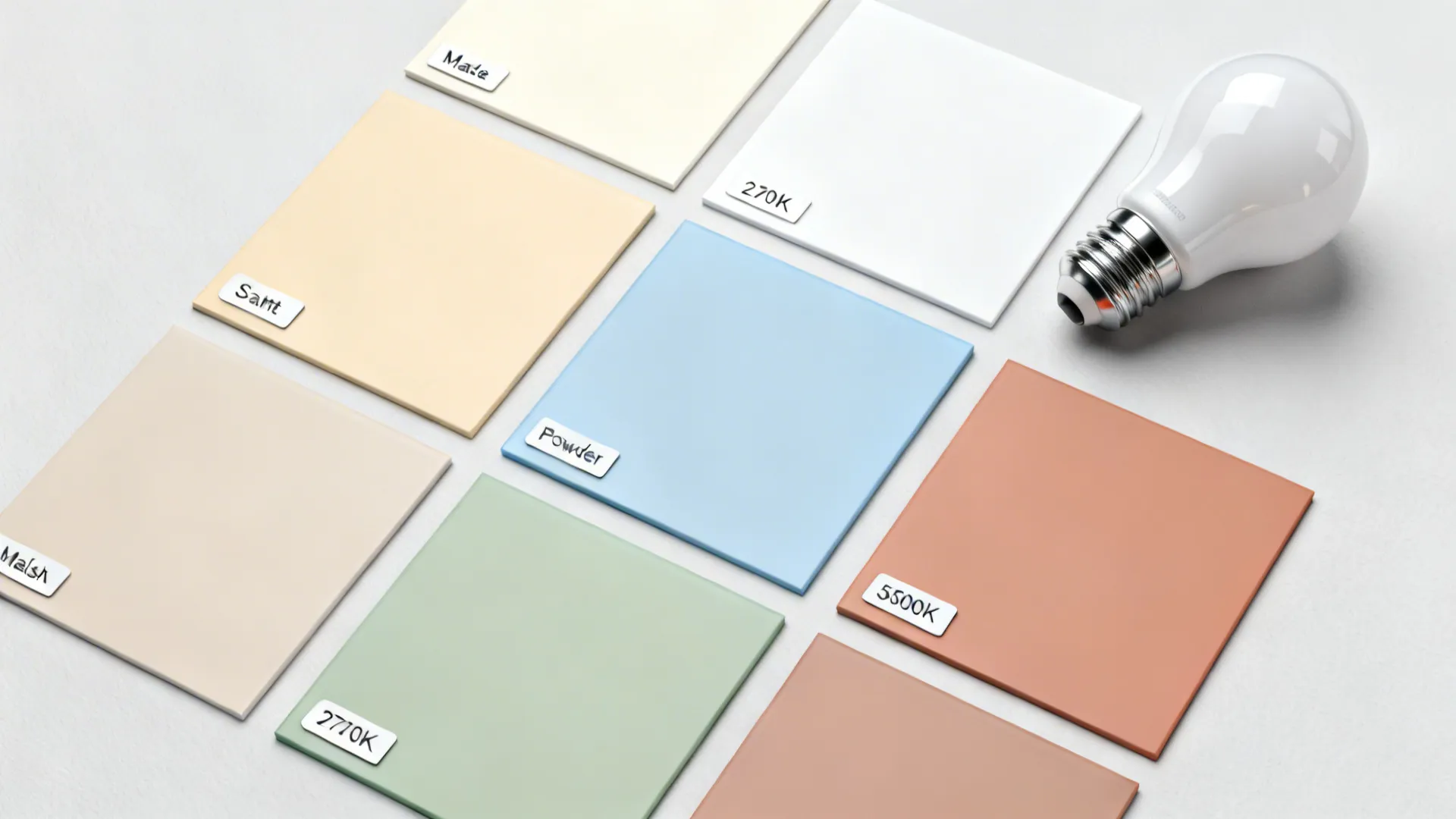 Multiple colored square wall tile samples arranged on a surface next to a white glass bulb