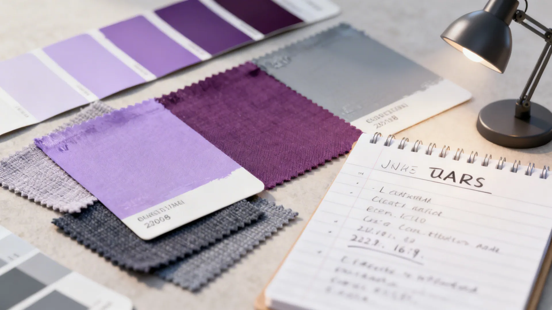 Paint swatches and fabric chips showing lavender, plum and gray undertones for FAQ about matching colors.